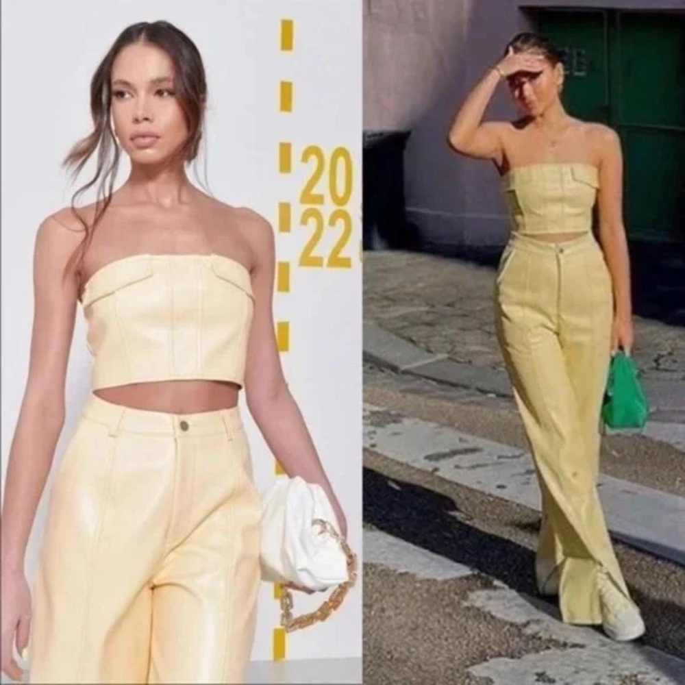 Missguided yellow Co Ord Faux Leather Bandeau Top & Split Tailored Pant Set